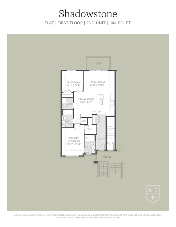 A floor plan for a Shadowstone apartment shows a first floor unit with a porch.