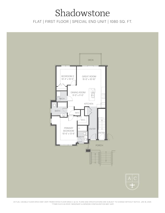 A floor plan for a Shadowstone apartment shows a single bedroom, a living room, a dining room, a kitchen, and a porch.