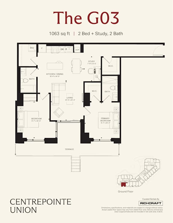 A floor plan for a 1063 square foot home with two bedrooms, a study, and two bathrooms.