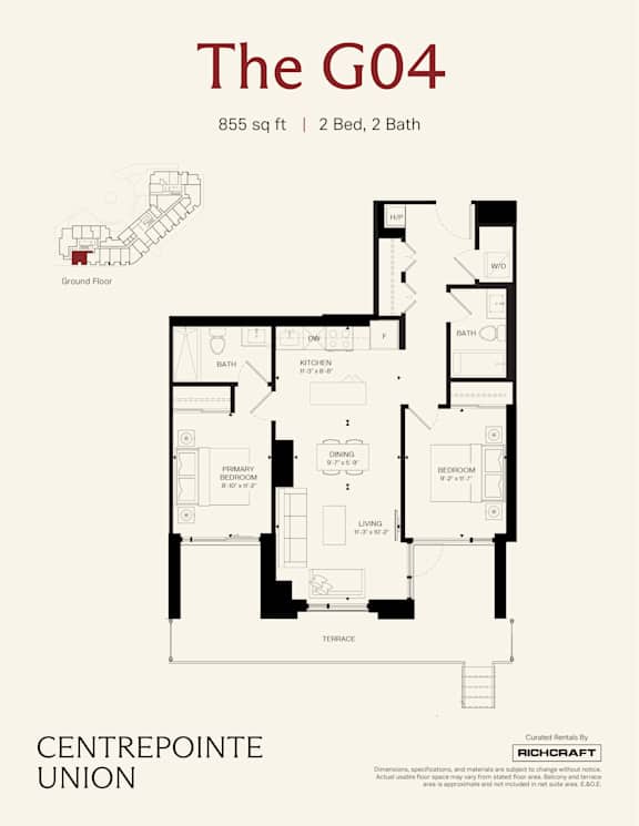 A floor plan for a 855 sq ft apartment with 2 beds and 2 baths.