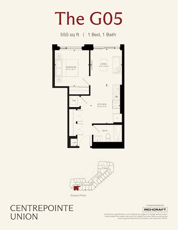 A floor plan for a 550 square foot apartment with one bed and one bath.