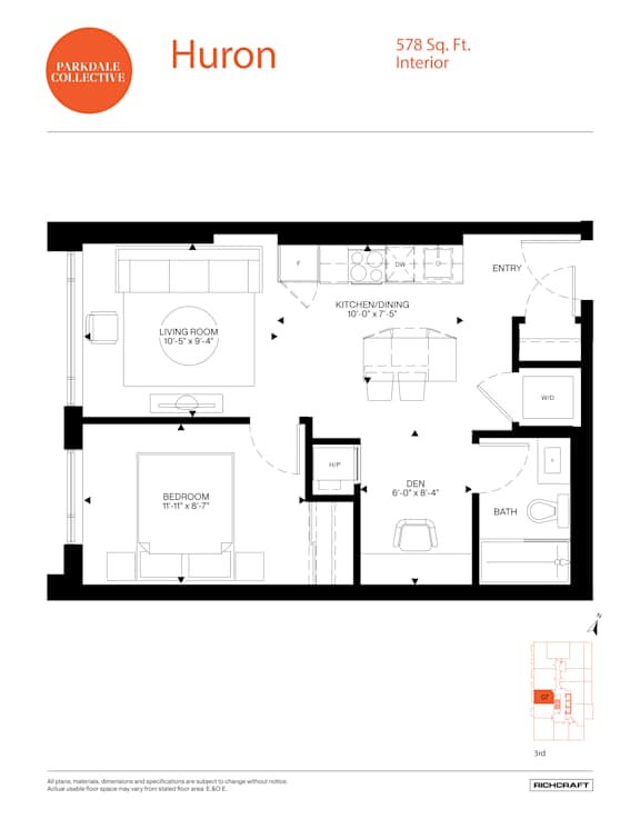 A floor plan for a Huron apartment shows a living room, a bedroom, a bathroom, a kitchen/dining area, and an entryway.