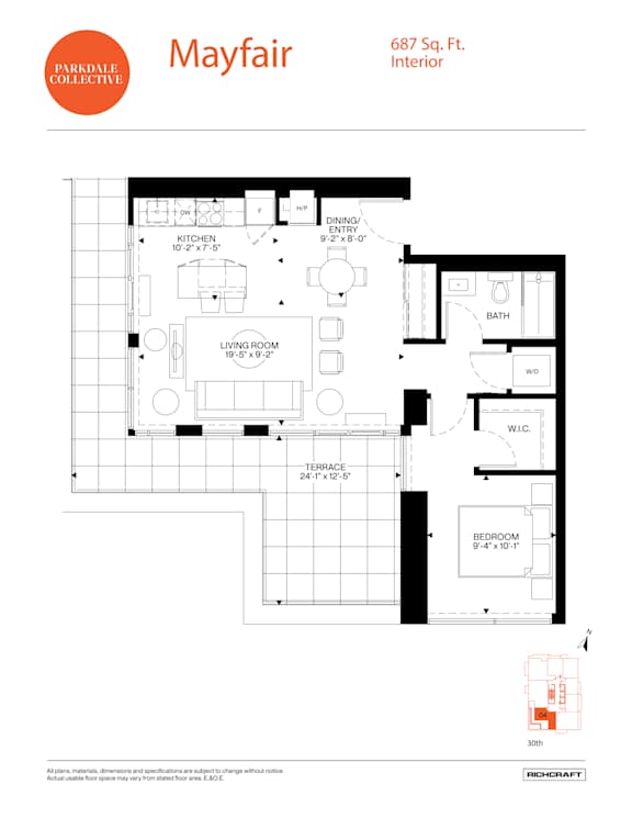A floor plan for a Mayfair apartment shows a living room, a dining room, a kitchen, a bath, a bedroom, and a terrace.