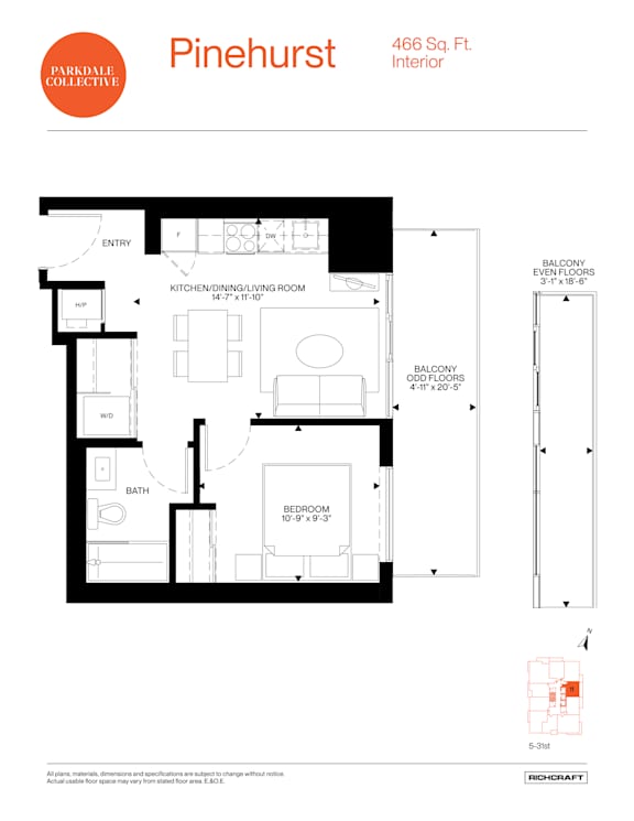 A floor plan for a Pinehurst apartment shows a kitchen, living room, and bathroom.