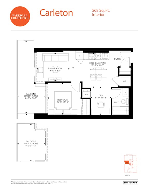 A floor plan for a Parkdale Collective interior at 568 Sq. Ft.