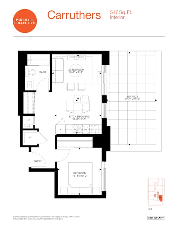 A floor plan for a 547 square foot interior.
