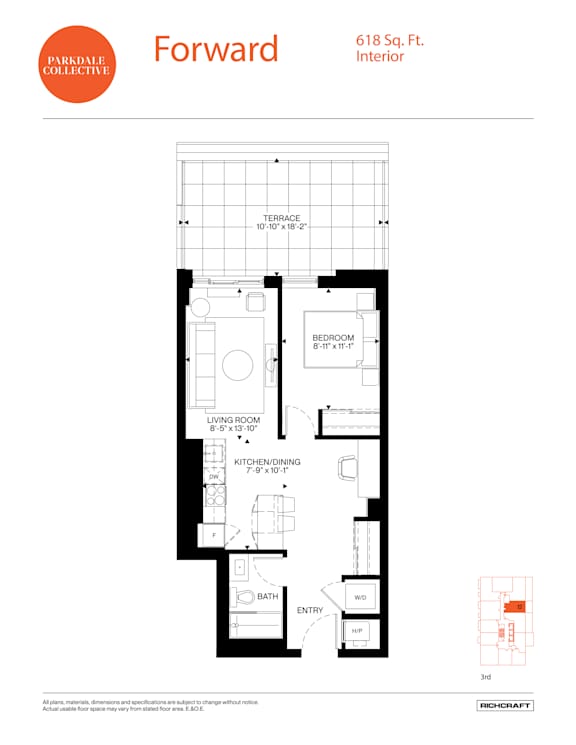 A floor plan for a Parkdale Collective interior at 618 Sq. Ft.