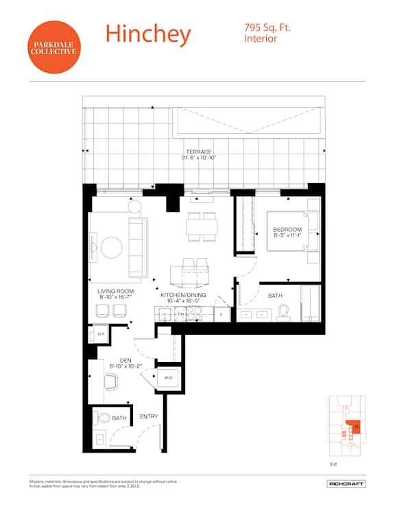 A floor plan for a 795 square foot interior.