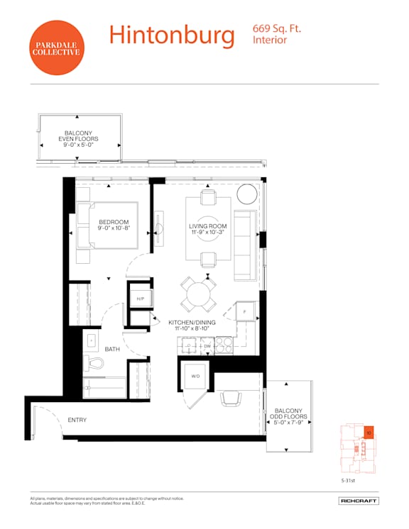 A floor plan for a residence at 669 Sq. Ft. Interior.
