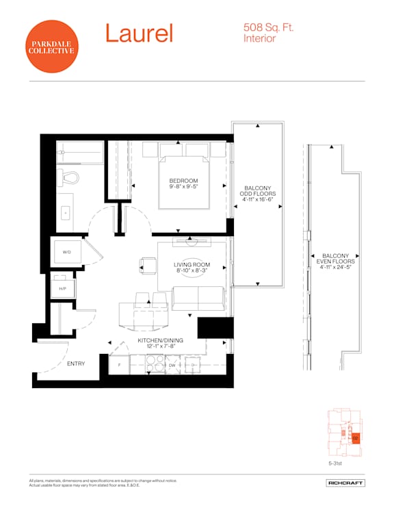 A floor plan for a Laurel apartment shows a bedroom, living room, kitchen, and bathroom.