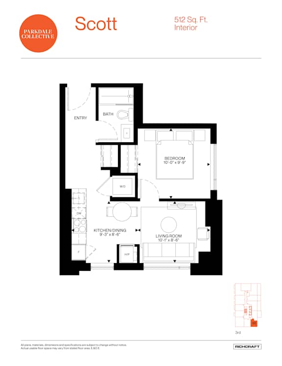A floor plan for a 512 square foot interior.