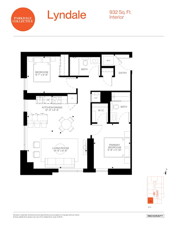 Floor Plan  A floor plan for an interior of a building with a living room, kitchen, bathrooms, and an entry.