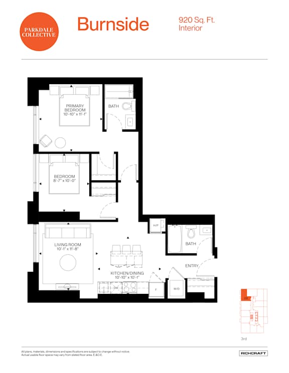 A floor plan for a Burnside apartment shows a living area, a kitchen, a bathroom, and a bedroom.