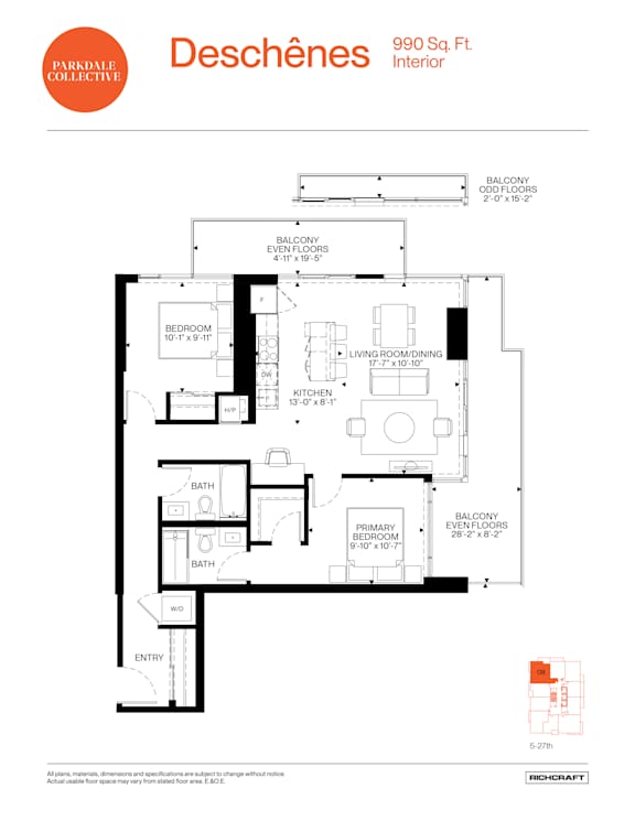 A floor plan for a Parkdale Collective interior at 990 Sq. Ft.