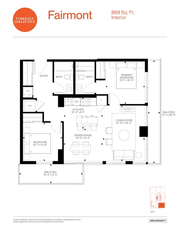 A floor plan for a property located at 869 Sq. Ft. Interior.