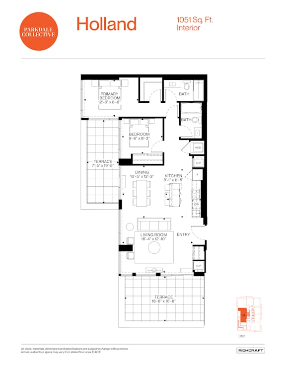 Floor plan for a 1051 square foot interior.