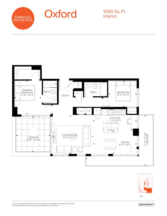 A floor plan for a 1050 square foot interior.