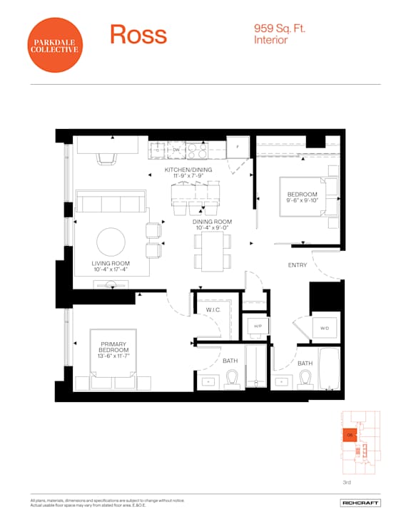 A floor plan for a residence at 959 Sq. Ft. Interior.