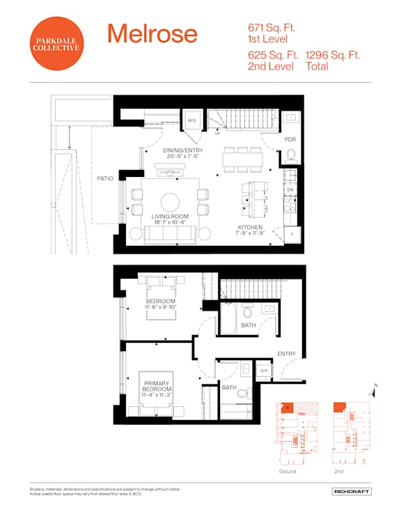 A floor plan for a Melrose apartment shows a living room, a dining/entertainment area, a kitchen, a bedroom, a bathroom, and a patio.