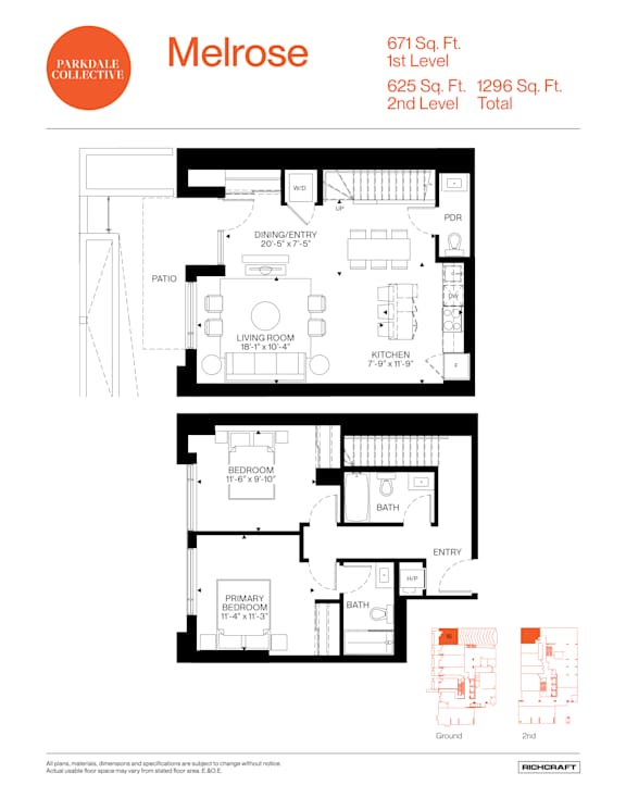 A floor plan for a Melrose apartment shows a living room, a dining/entertainment area, a kitchen, a bedroom, a bathroom, and a primary bathroom.