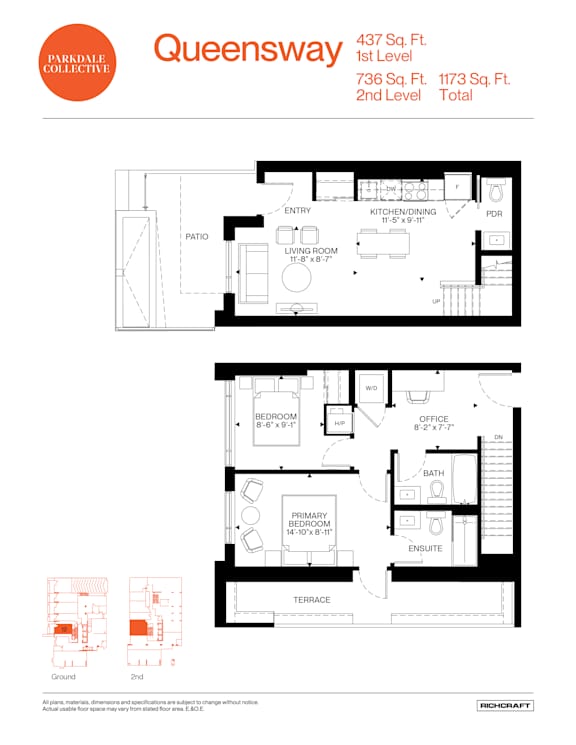 A floor plan for a two-story home with a living room, kitchen, and bathroom.