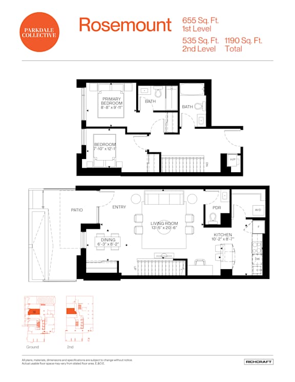 A floor plan for a Rosemount apartment shows a living room, two bathrooms, a kitchen, and a bedroom.