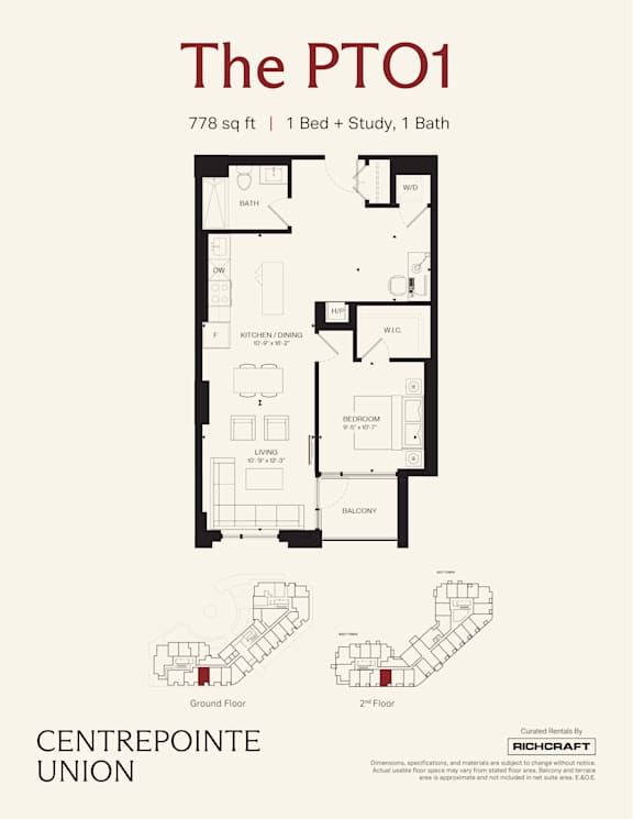 A floor plan for a 778 square foot apartment with one bed and two baths.