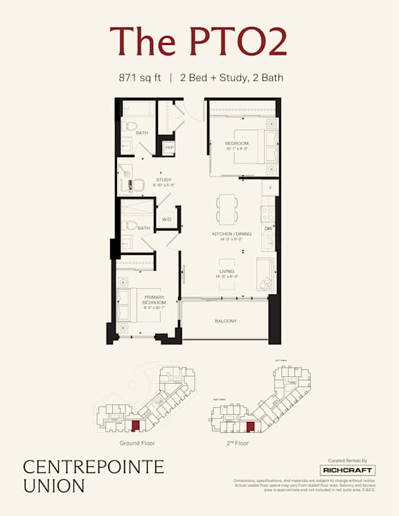 A floor plan for a 2 Bed 2 Bath apartment at The PTO2.