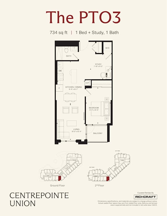 A floor plan for a 734 square foot home with one bed, one study, and one bath.