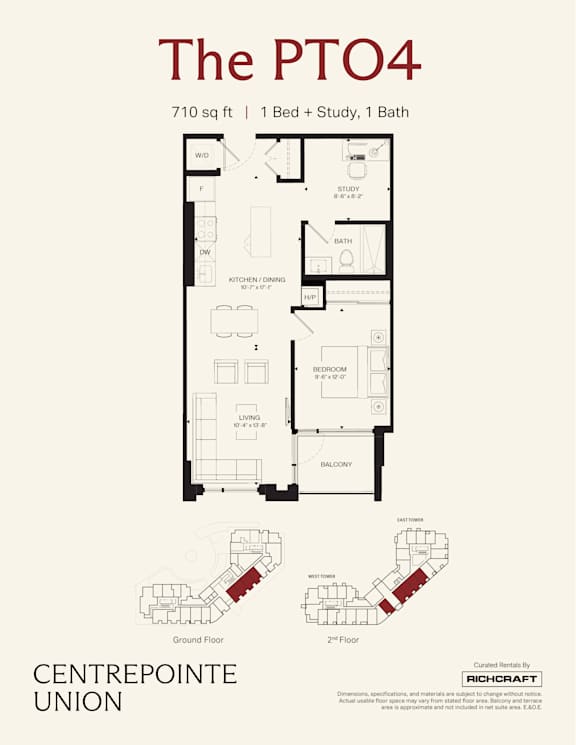 A floor plan for a 710 sq ft apartment with 1 bed and study and 1 bath.