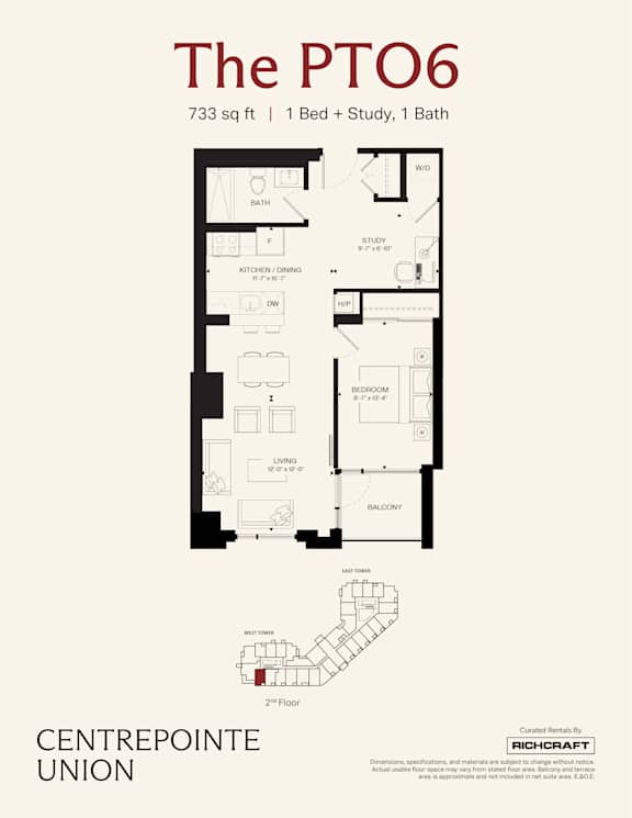 A floor plan for a 733 sq ft home with 1 bed, study, and 1 bath.