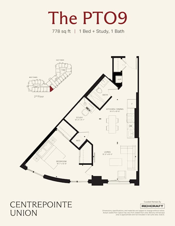 A floor plan for a property called The PTO9, which is 778 square feet, includes one bed, one study, and one bath.