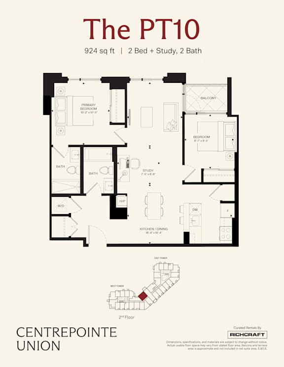 A floor plan for a property called The PT10, which is 924 square feet, has 2 bedrooms, 2 bathrooms, and a study.
