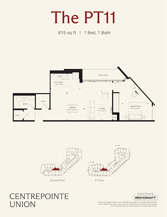 A floor plan for a property called The PT11, which is 815 square feet with 1 bed and 1 bath.