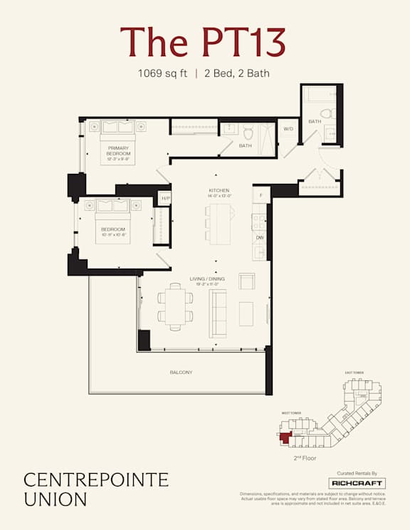 A floor plan for a 1069 sq ft apartment with 2 bedrooms and 2 bathrooms.