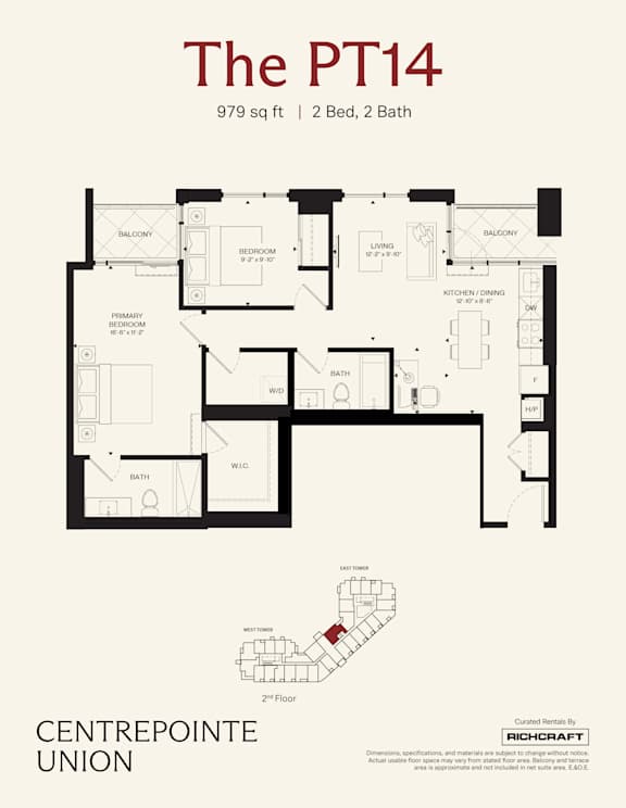 A floor plan for a property called The PT14, which is 979 square feet, has 2 bedrooms and 2 bathrooms.