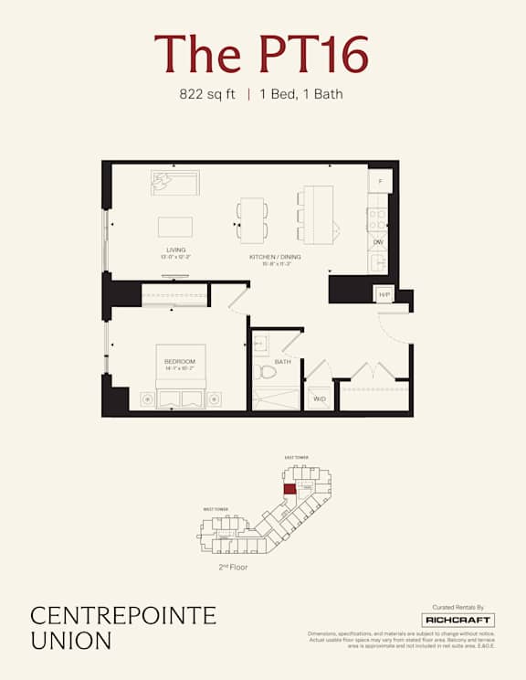 A floor plan for a 822 square foot apartment with one bed and one bath.