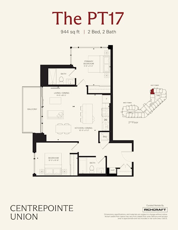 A floor plan for a 2 Bedroom, 2 Bathroom apartment at The PT17.