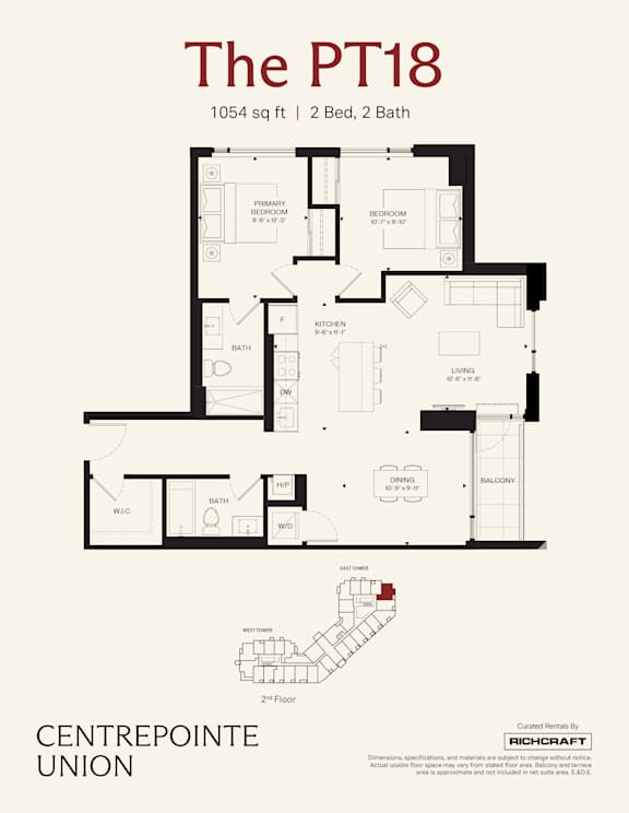 A floor plan for a 2 Bedroom, 2 Bathroom apartment at The PT18.