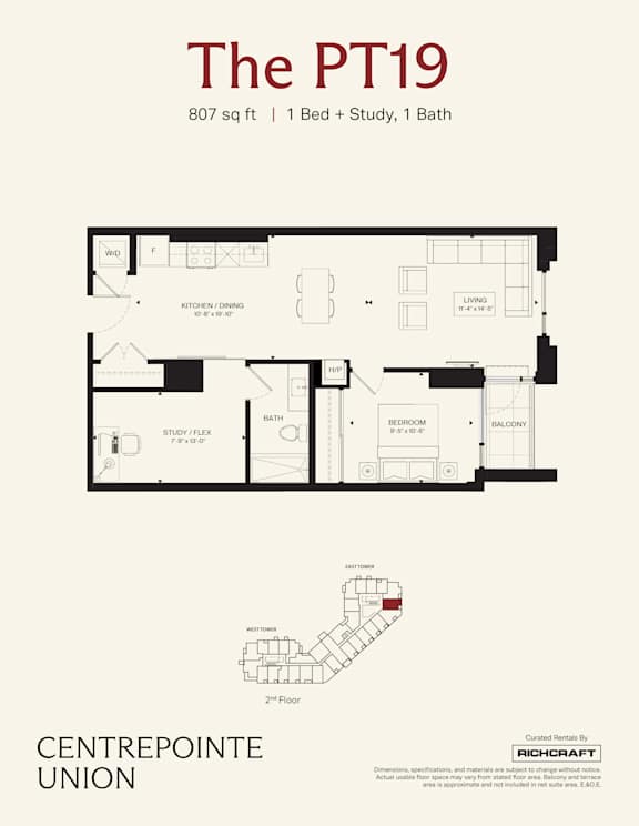 A floor plan for a property called The PT19 shows a 1 Bed + Study, 1 Bath layout.