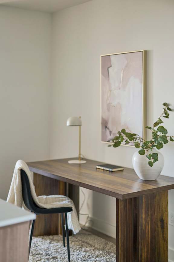 A desk with a chair and a plant on it.