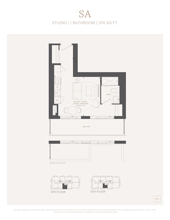 A floor plan for a studio apartment with a bathroom and a separate living room.
