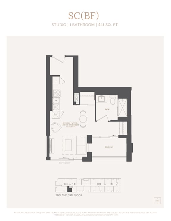A floor plan for a studio apartment with a bathroom and kitchen.