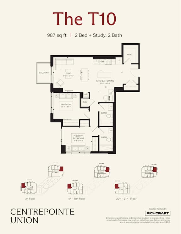 A floor plan for a 2 bedroom apartment with a study and 2 bathrooms.