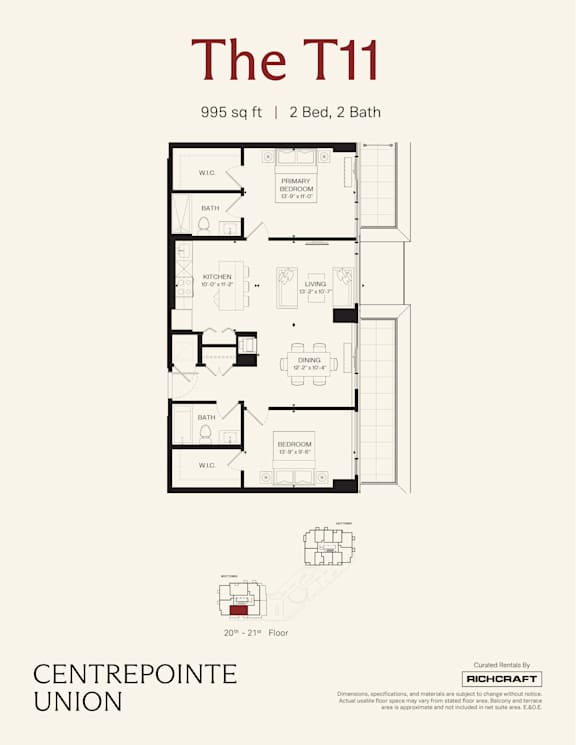 A floor plan for a 995 square foot apartment with two bedrooms, two bathrooms, and a living area.