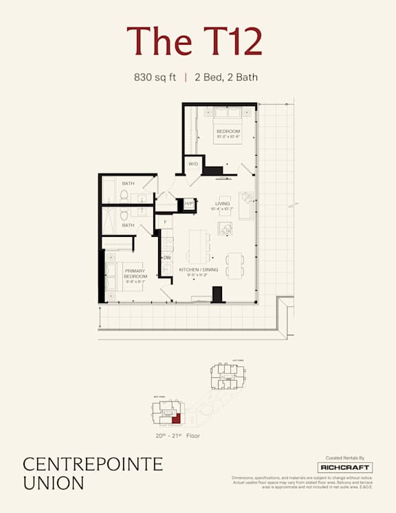 A floor plan for a 2 bedroom, 2 bath apartment sized at 830 square feet.