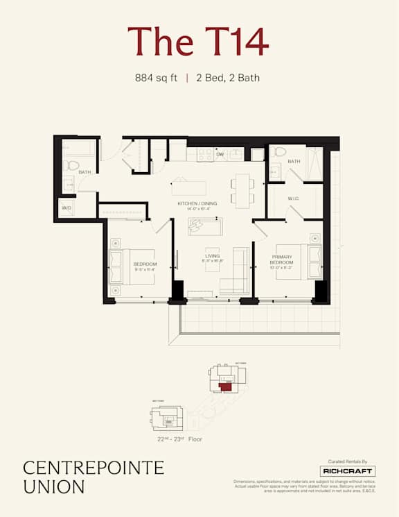 A floor plan for a 2 bedroom, 2 bath apartment.