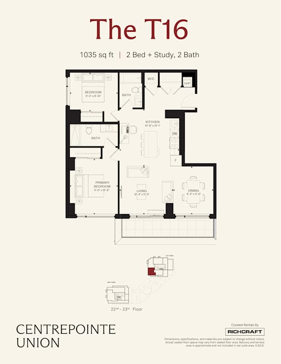 A floor plan for a 1035 square foot apartment with two bedrooms and two bathrooms.