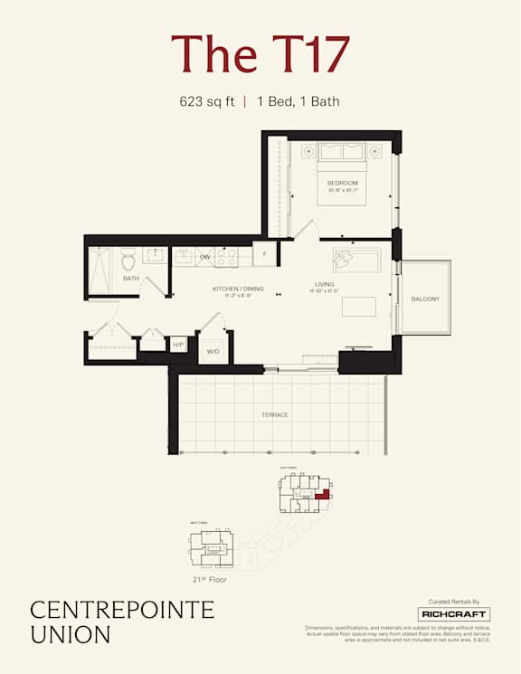 A floor plan for a 623 sq ft apartment with one bed and one bath.