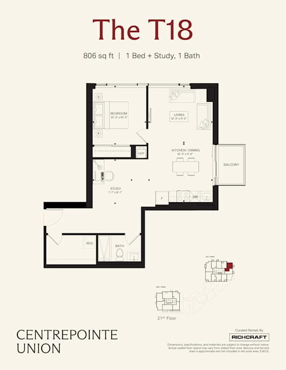 A floor plan for a 1 bedroom, 1 bathroom apartment.